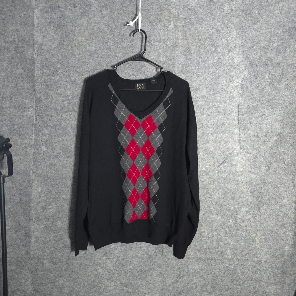 Jos A Bank Argyle Sweater Mens L Black Merino Wool V-Neck Signature Collection